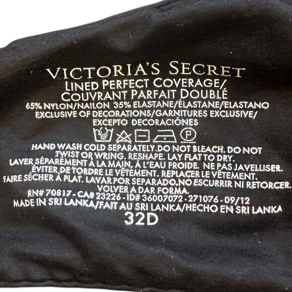 VICTORIA'S SECRET Black Lined Perfect Coverage Bra Solid Rhinestones Womens 32D - Picture 7 of 7